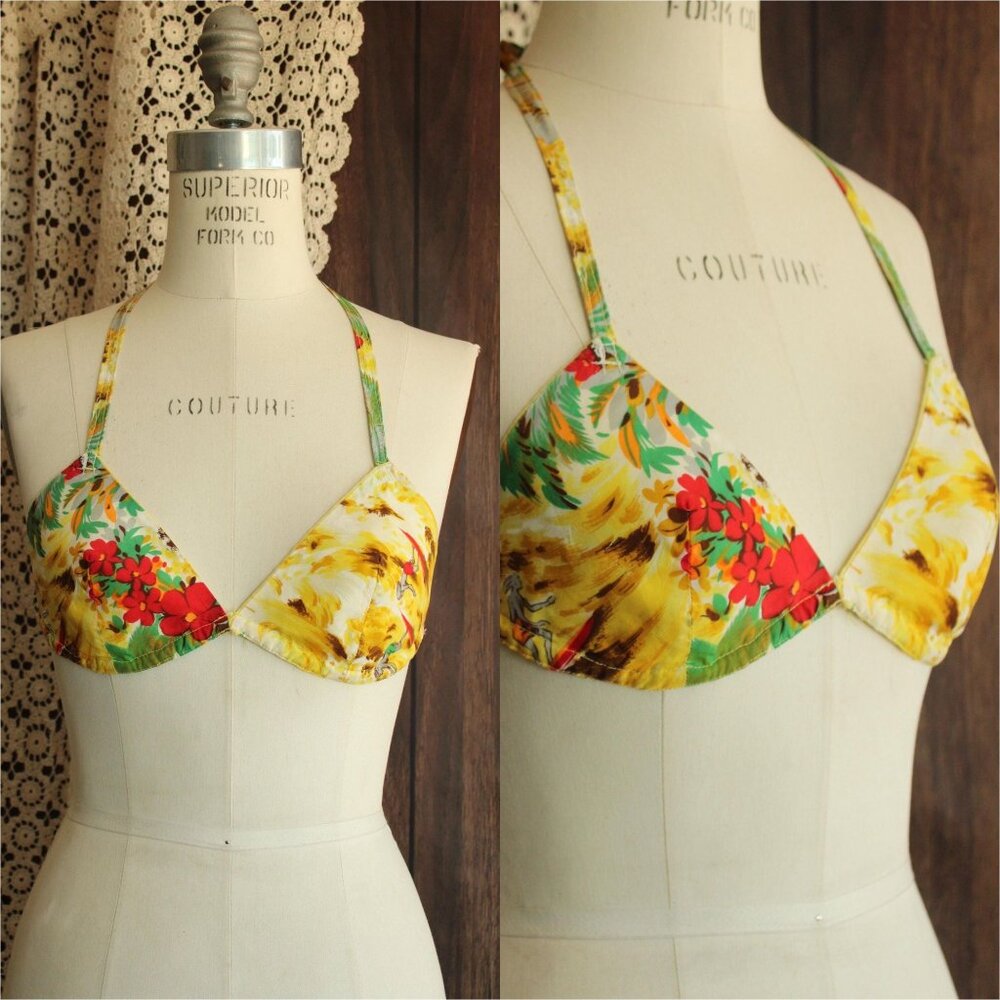 Vintage 1960s Bikini Swimsuit Top, Surfer Print in Yellow Red and Green Swimwear